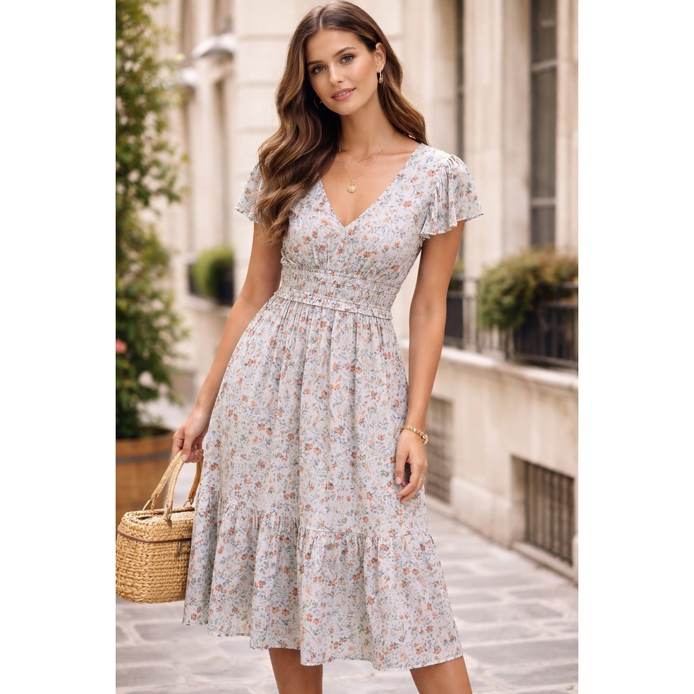 Luxology Floral Smocked Waist V-Neck Midi Dress - Light Blue